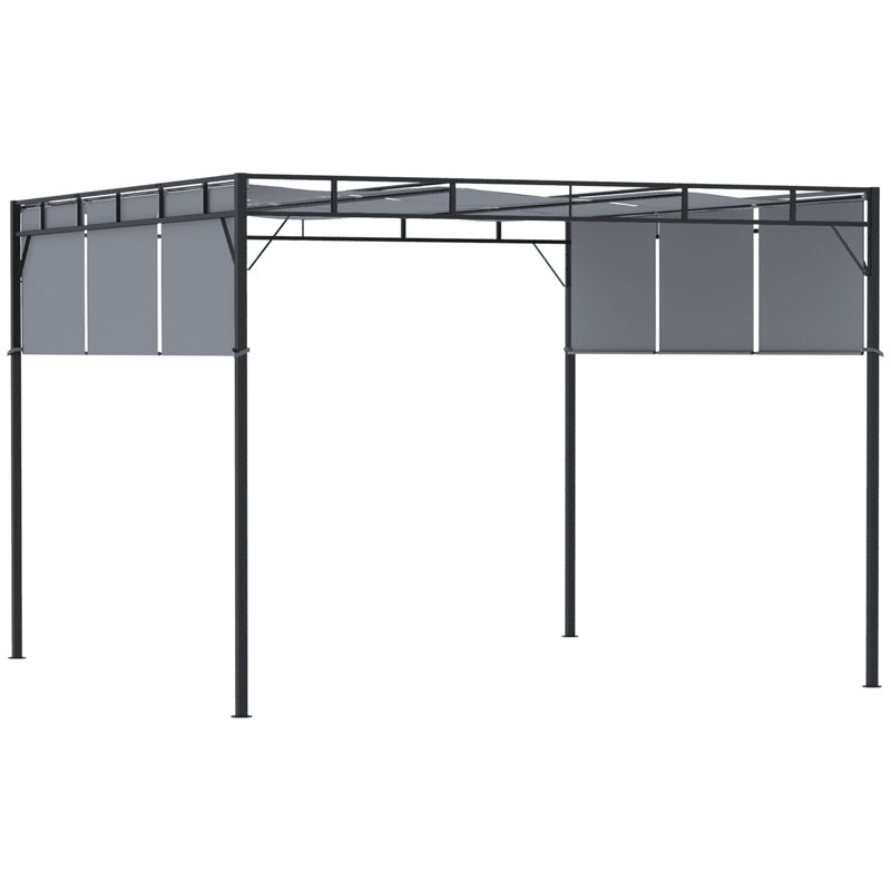 Outsunny 3 x 3(m) Steel Pergola Gazebo with Retractable Roof, Garden Gazebo Canopy Sun Shade Shelter for Outdoor, Deck, Patio, Dark Grey