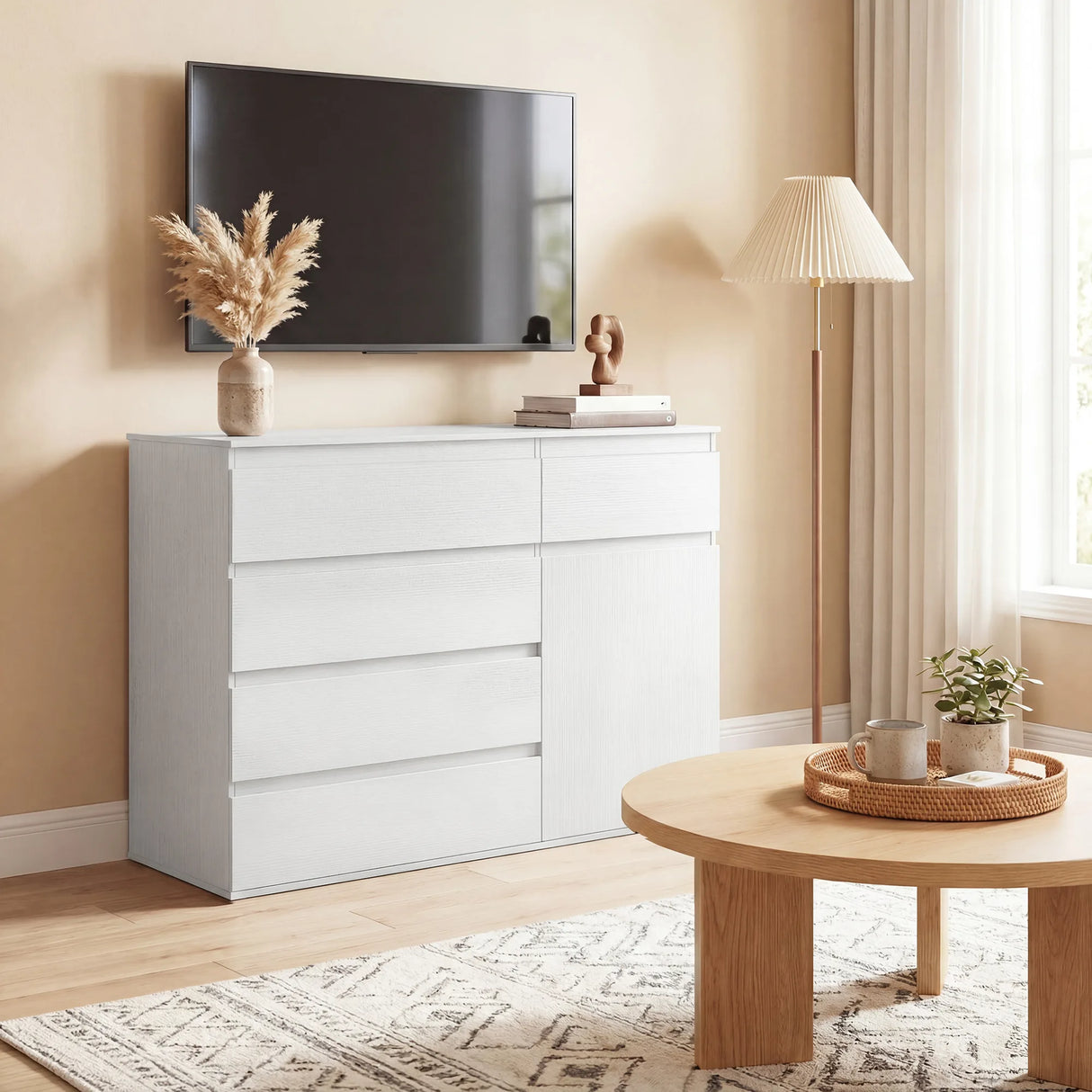 HOMCOM Modern Sideboard, Sideboard Storage Cabinet with 5 Drawers, Adjustable Shelf, Soft-Close Door, White
