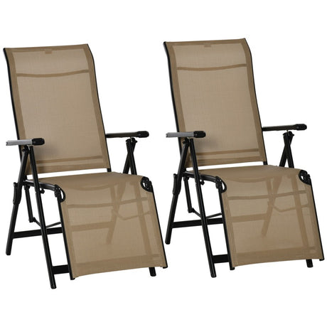 Outdoor Set of 2 Outdoor Sun Lounger 10-Position Adjustable Texteline Folding Reclining Chairs with Footrest for Patio Garden, Beige