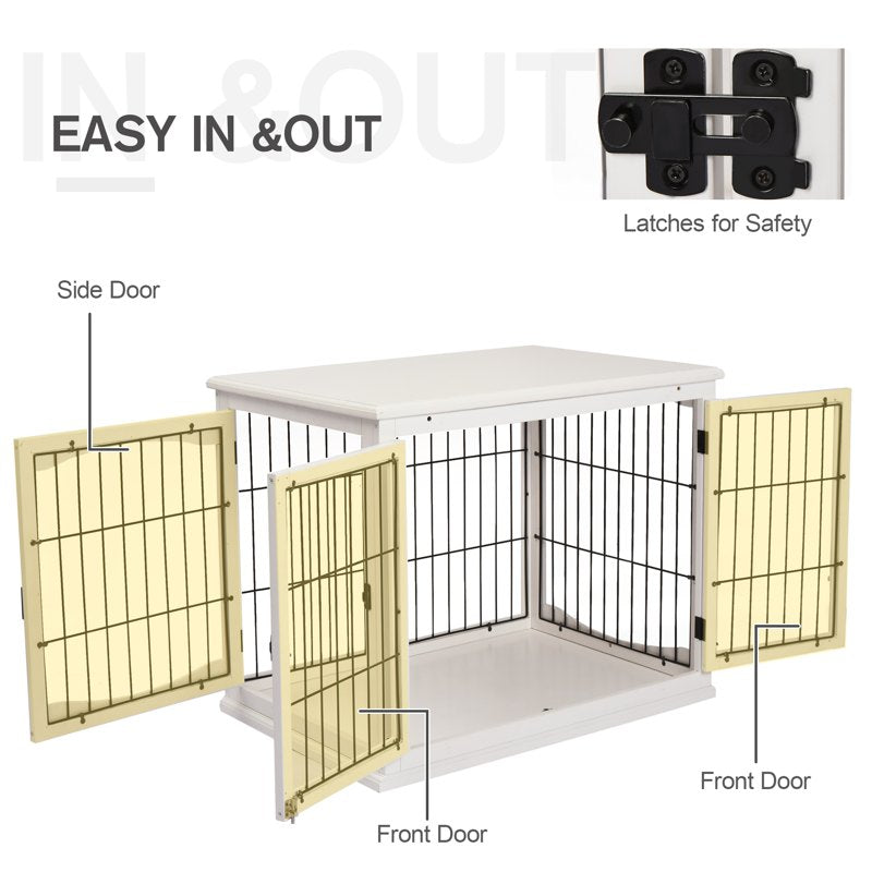 PawHut Dog Crate, Furniture Style Puppy Cage End Table, Pet Kennel House with 3 Doors for Small Dog, White 81 x 58.5 x 66 cm