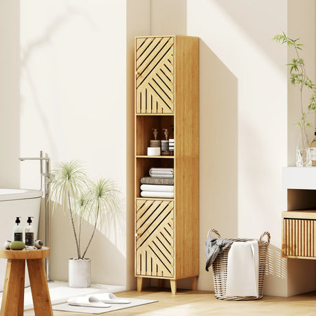 HOMCOM Multi-Storage Bamboo Door Bathroom Cabinet - Natural Finish