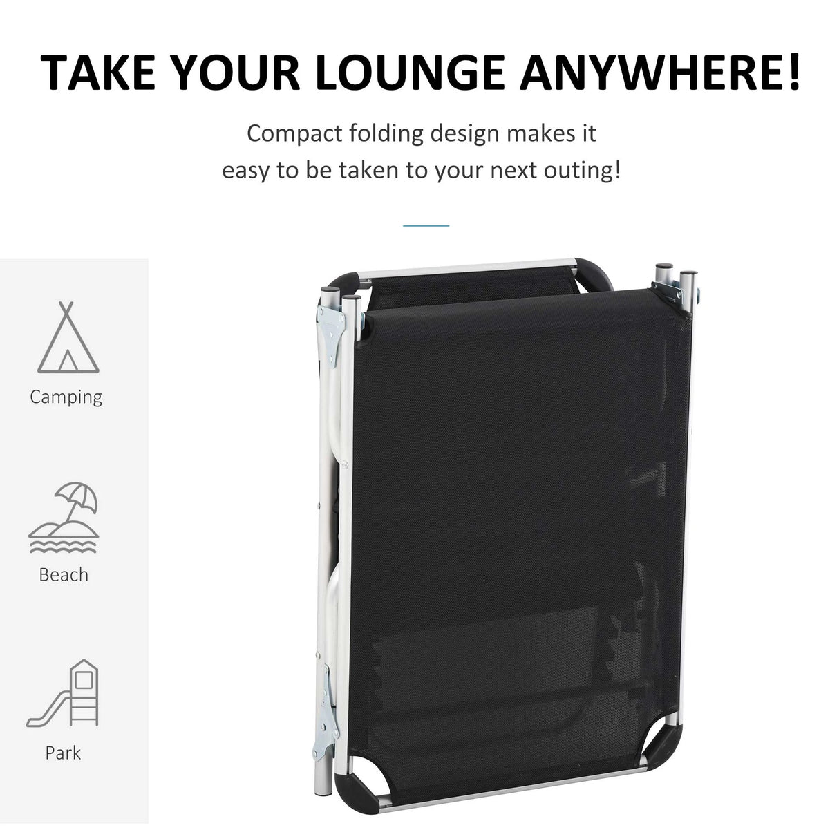 Outsunny Foldable Outdoor Sun Loungers Set of 2, Reclining Lounge Chair Camping Bed Cot with Pillow 4-Level Adjustable Back Aluminium Frame, Black