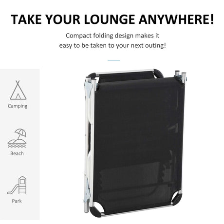 Outsunny Foldable Outdoor Sun Loungers Set of 2, Reclining Lounge Chair Camping Bed Cot with Pillow 4-Level Adjustable Back Aluminium Frame, Black