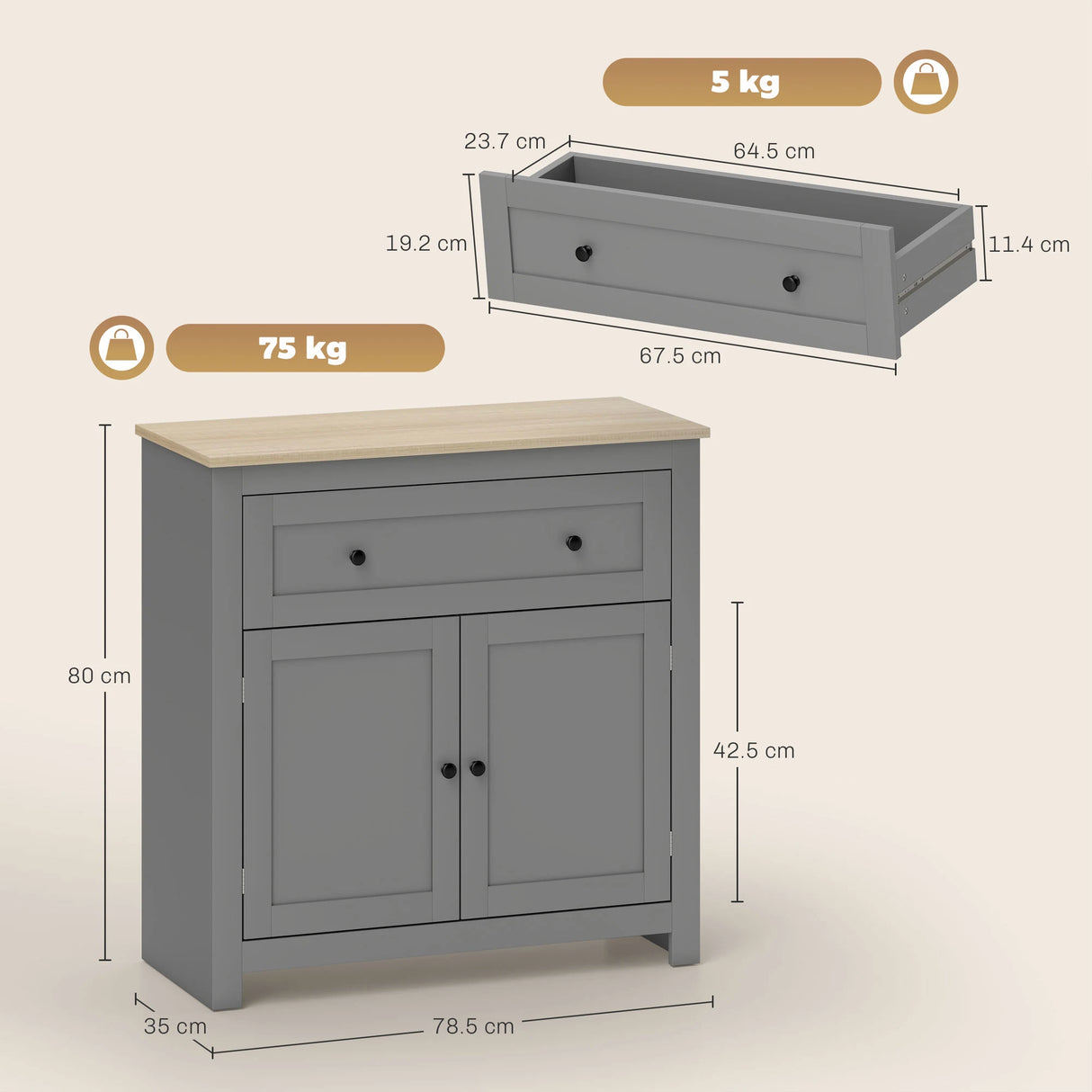 HOMCOM Sideboard Storage Cabinet, Morden Kitchen Cupboard with Adjustable Shelf, Drawer and Double Doors, Sideboard for Living Room, Dining Room, Hallway, Grey