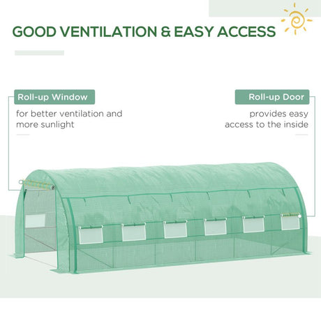 Outsunny Polytunnel Greenhouse Walk-in Grow House Tent with Roll-up Sidewalls, Zipped Door and 12 Windows, 6x3x2m Green