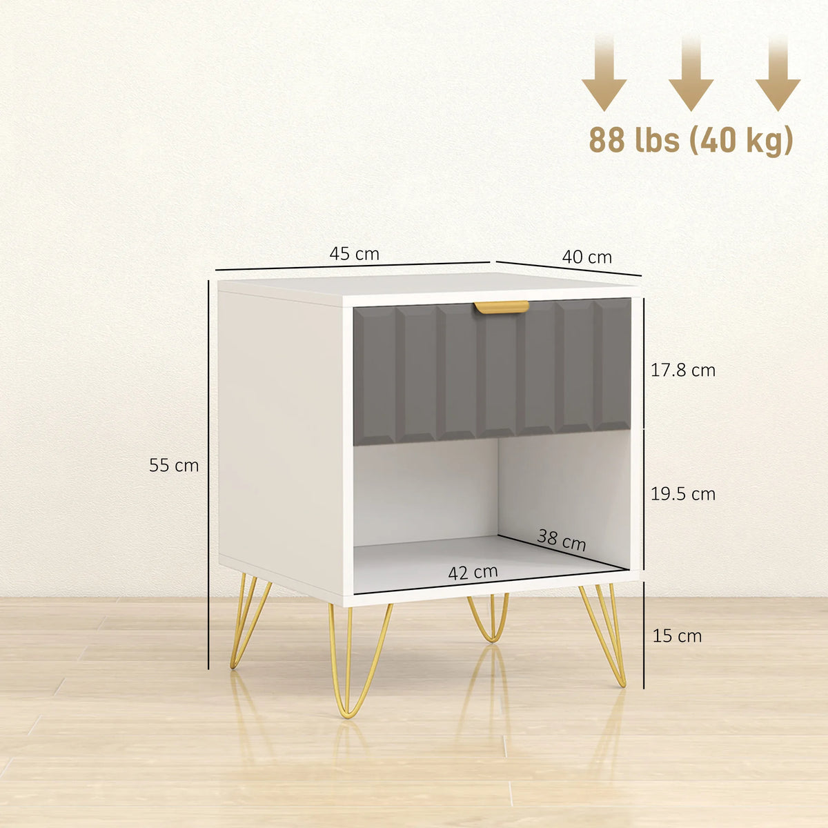 HOMCOM Bedside Table Modern Bedside Cabinet with Drawer and Open Compartment, 45 x 40 x 55, White
