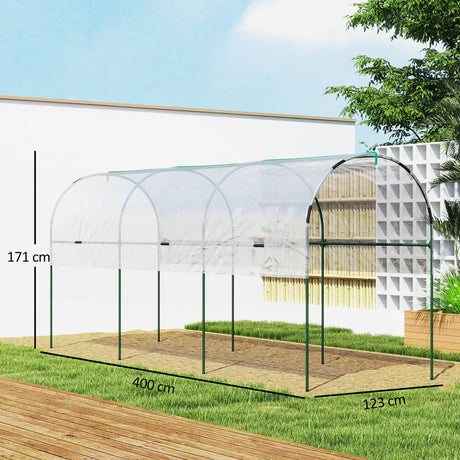 Outsunny Tunnel Tomato Greenhouse with 4 Hoops and Top Tap, Pointed Bottom and Guy Ropes, 400 x 123 x 171 cm, Clear