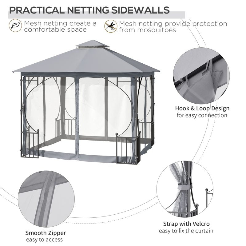 Outsunny 3 x 3(m) Garden Gazebo Patio Party Tent Shelter Outdoor Canopy Double Tier Sun Shade Metal Frame Netting, Light Grey