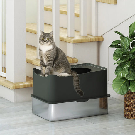 PawHut Stainless Steel Cat Litter Tray, Extra Large Enclosed Litter Box with Scoop, Top Entrance, Non-slip Pads, Dark Grey