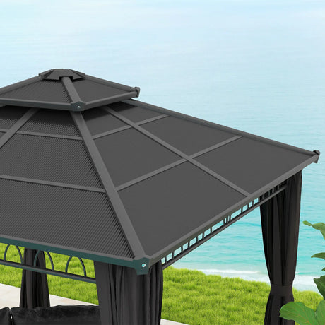 Outsunny 3 x 3 (m) Outdoor Polycarbonate Gazebo, Double Roof Hard Top Gazebo with Galvanised Steel Frame, Nettings & Curtains for Garden, Lawn, Patio and Deck, Dark Grey