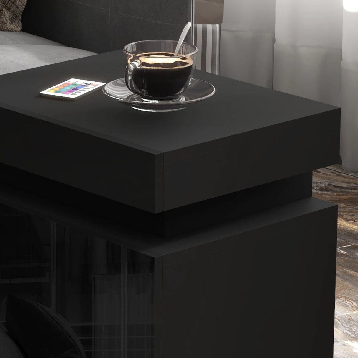 HOMCOM Black Bedside Table with LED Light, High Gloss Front Nightstand with 2 Drawers, for Living Room, Bedroom