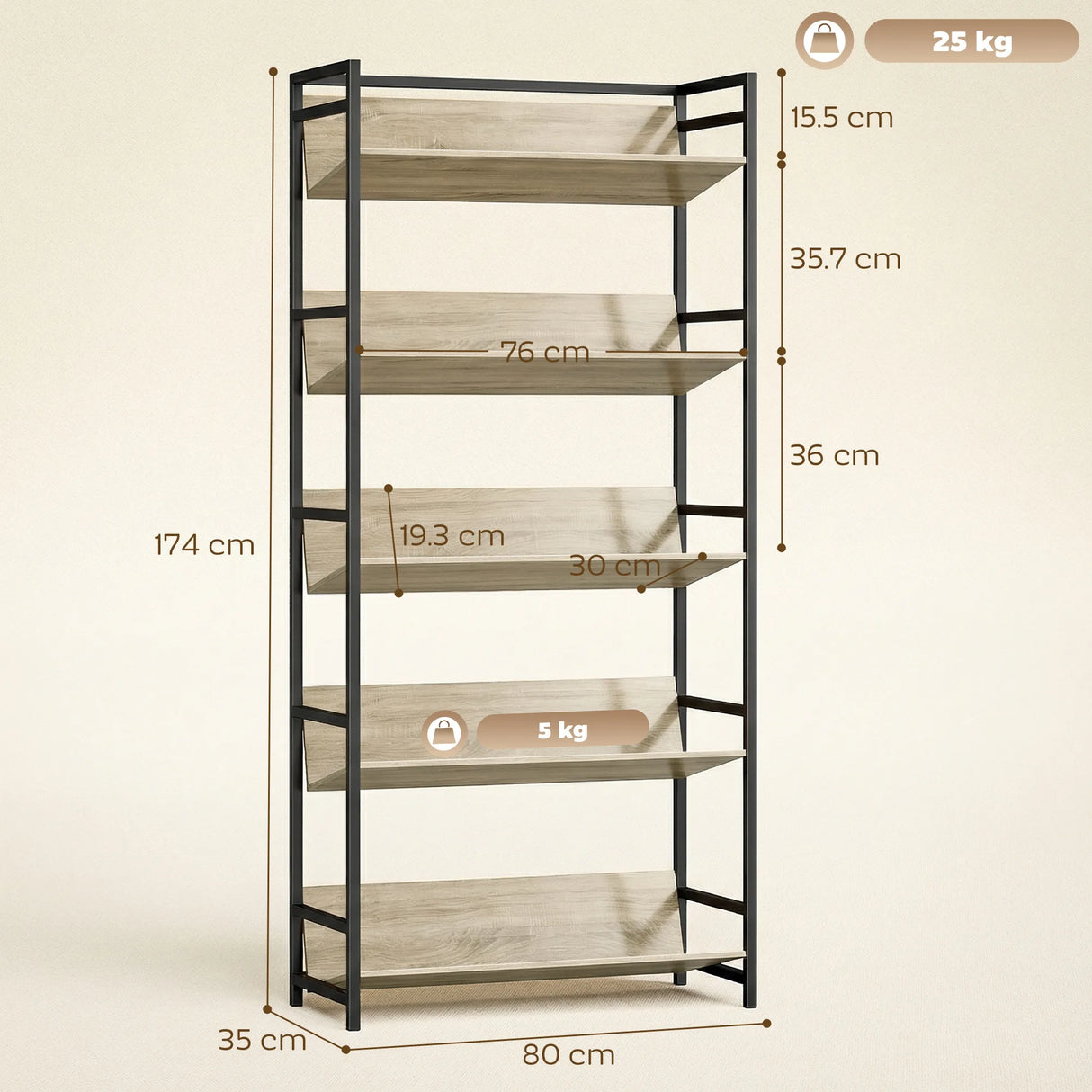 HOMCOM Bookshelf 5-Tier Metal Frame Bookcase Storage Shelves for Living Room Oak
