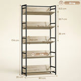 HOMCOM Bookshelf 5-Tier Metal Frame Bookcase Storage Shelves for Living Room Oak