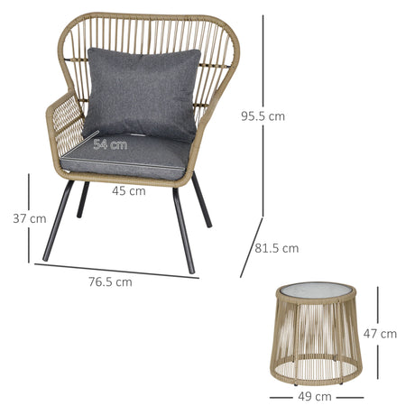 Outsunny 3 Pieces Rattan Bistro Set, Wicker Garden Furniture Set with Cushions, Glass Top Coffee Table and Chairs for Outdoor, Patio, Balcony, Brown