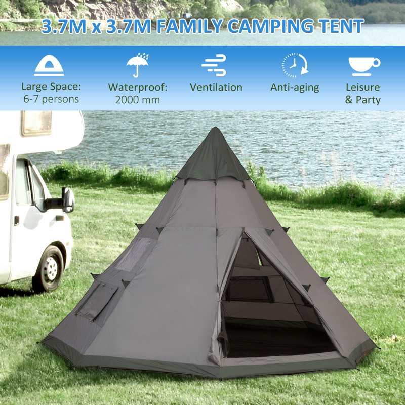 Outsunny 6 Men Tipi Tent, Camping Tent, Teepee Family Tent with Mesh Windows, Sewn-in Tent Floor, Two Doors and Carry Bag, Easy Set Up, for Hiking Picnics Outdoor Night, Gray