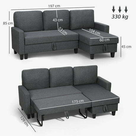 HOMCOM Three-Seater Storage Sofa Bed -  Charcoal Grey