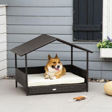 PawHut Wicker Dog House, Rattan Pet Bed, with Removable Cushion, Canopy, for Small and Medium Dogs - Cream