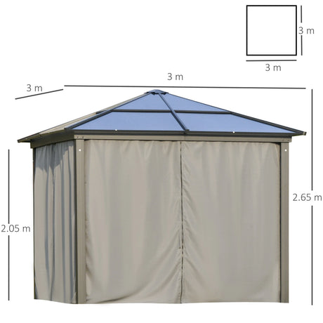 Outsunny 3 x 3(m) Hardtop Gazebo Canopy with Polycarbonate Roof, Aluminium Frame, Permanent Pavilion Garden Gazebo with Netting and Curtains for Patio, Deck, Dark Grey