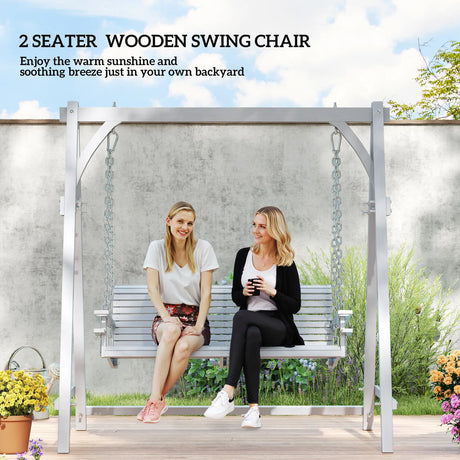 Outsunny 2 Seater Garden Swing Seat, Wooden Swing Chair Bench with Cup Holders for Outdoor Porch Patio, Grey