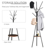 HOMCOM Freestanding Metal Coat Rack Stand 9 Hooks Clothes Tree with 1 Shelf Hat Display Hall Tree Hanger Bag Umbrella Hanging Organiser Brown