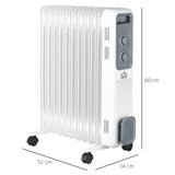 HOMCOM 2500W Oil Filled Radiator, 11 Fin, Portable Electric Heater with 3 Heat Settings, Safety Cut-Off and Wheels, White