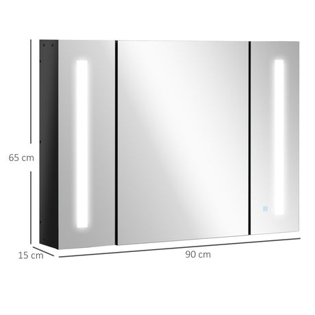 kleankin LED Bathroom Cabinet with Mirror, Wall Mounted Dimmable Brightness Storage Organiser with 3 Mirrored Doors and Adjustable Shelves, Memory Function, USB Charge, High Gloss Black