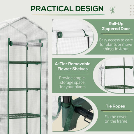 Outsunny 4 Tier Mini Greenhouse, Portable Compact Green House with Steel Frame, PE Cover, Roll-up Door, 70 x 50 x 160 cm, White
