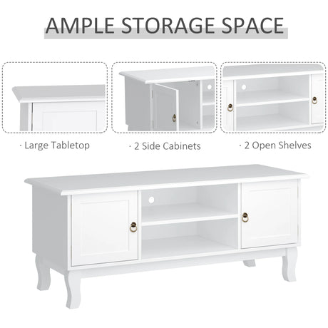HOMCOM TV Unit up to 55", 2 Doors TV Cabinet with Open Storage Shelves and Cable Management for Living Room, Bedroom, Entertainment Room, 120L x 45W x 50.5H, White