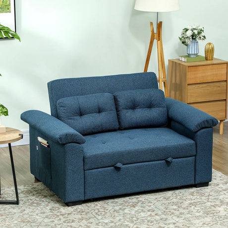 HOMCOM Pull Out Sofa Bed, Fabric 2 Seater Click Clack Sofa Bed Settee with 2 Pocket Springs, Convertible Sofa Couch with Pillows and Side Pockets for Living Room, Home Office, Blue