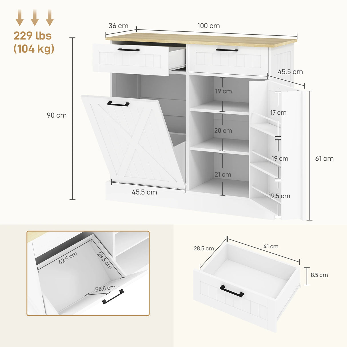 HOMCOM Sideboard with Tilt-out Trash Bin, Farmhouse Kitchen Sideboard with 2 Drawers, Adjustable Shelves, Door Racks, White