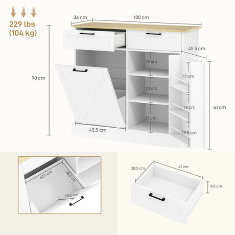 HOMCOM Sideboard with Tilt-out Trash Bin, Farmhouse Kitchen Sideboard with 2 Drawers, Adjustable Shelves, Door Racks, White