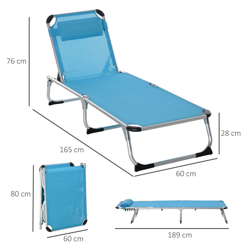 Outsunny Foldable Outdoor Sun Lounger, Reclining Lounge Chair Camping Bed Cot with Pillow 4-Level Adjustable Back Aluminium Frame, Blue