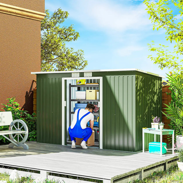 Outsunny 9ft x 4ft Metal Garden Shed, Outdoor Tool House with Foundation Kit, Ventilations and Double Doors, Light Green