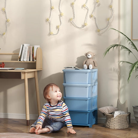 HOMCOM Four-Tier Kids Storage Boxes, with Four Drawers - Blue