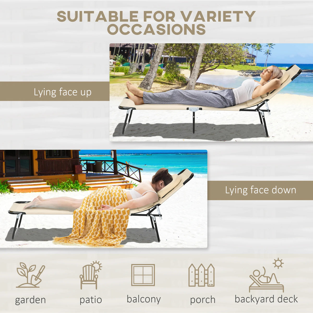 Outsunny Folding Sun Loungers Set of 2 with Face Hole, 4-Position Adjustable Backrest Garden Recliner Chairs Sunbeds, Outdoor Lounge Chairs with 600 D Oxford Cloth Seat, Pillow for Beach, Sand