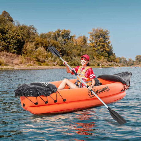 Outsunny Inflatable Kayak, 1-Person Sit-in Inflatable Boat, Inflatable Canoe Set with Detachable Seat, Air Pump, Aluminium Oar, Orange, 270x93x50cm