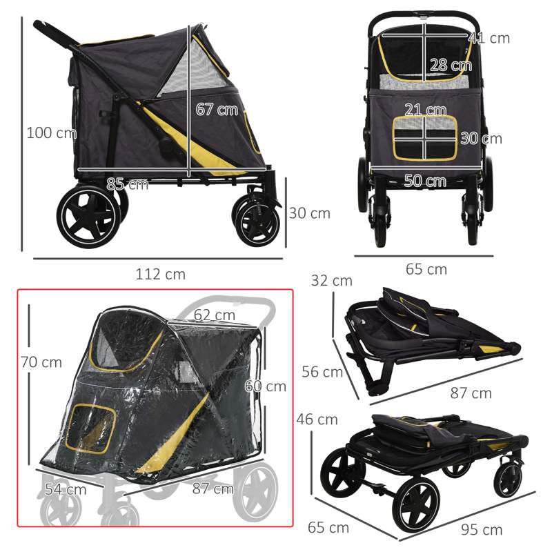 PawHut One-Click Foldable Pet Travel Stroller with Rain Cover, Cat Dog Pushchair with Universal Front Wheels, Shock Absorber, Storage Bags, Mesh Window, Safety Leash for Large and Medium Dogs (Grey)