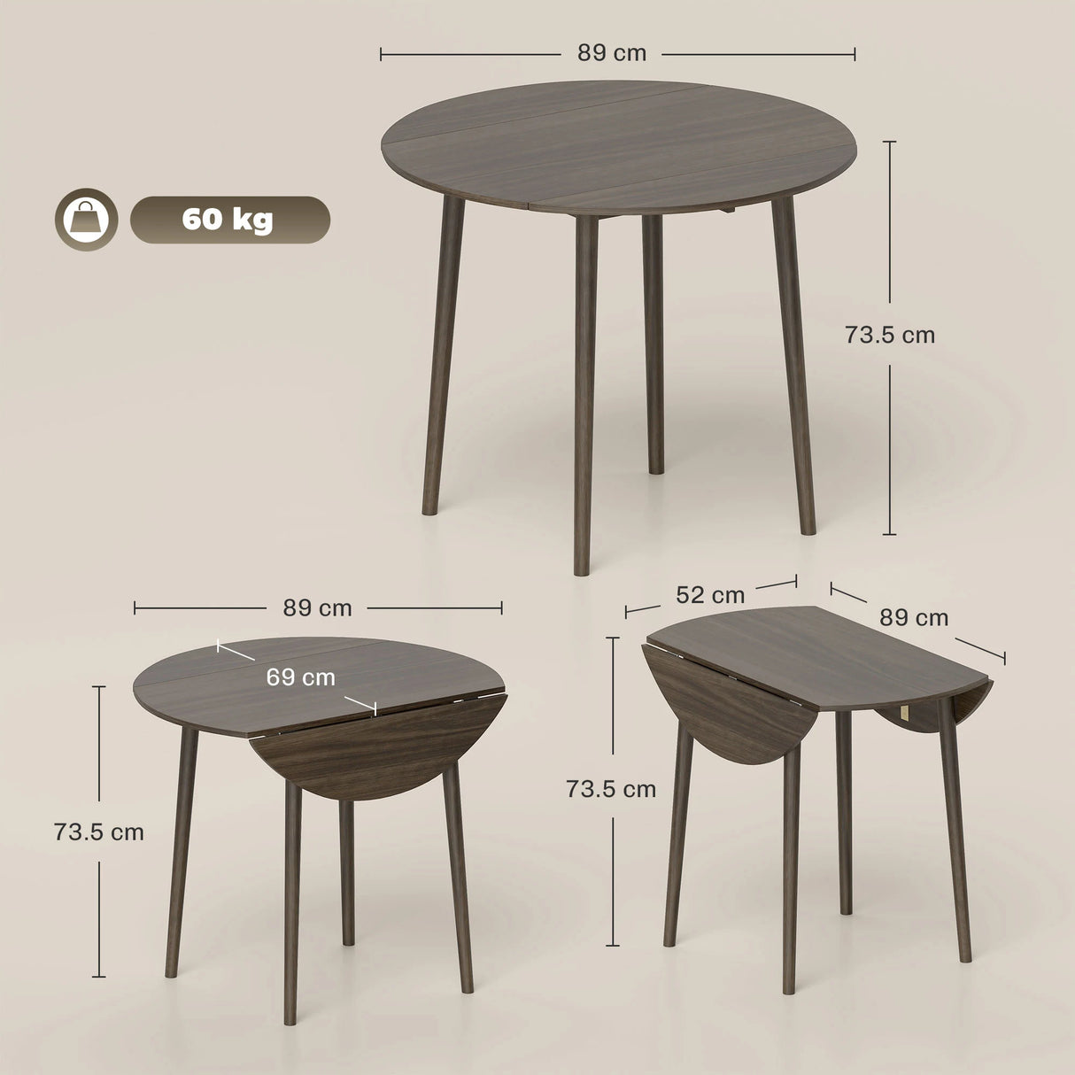 HOMCOM Folding Dining Table for 4, Round Drop Leaf Table, Modern Space Saving Small Kitchen Table with Wood Legs for Dining Room, Grey