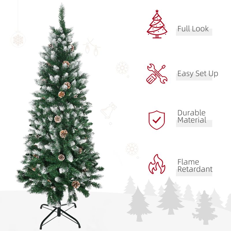 HOMCOM 5 Ft Snow Artificial Christmas Tree with Realistic Branches, Pine Cone, for Indoor Decoration, Green White