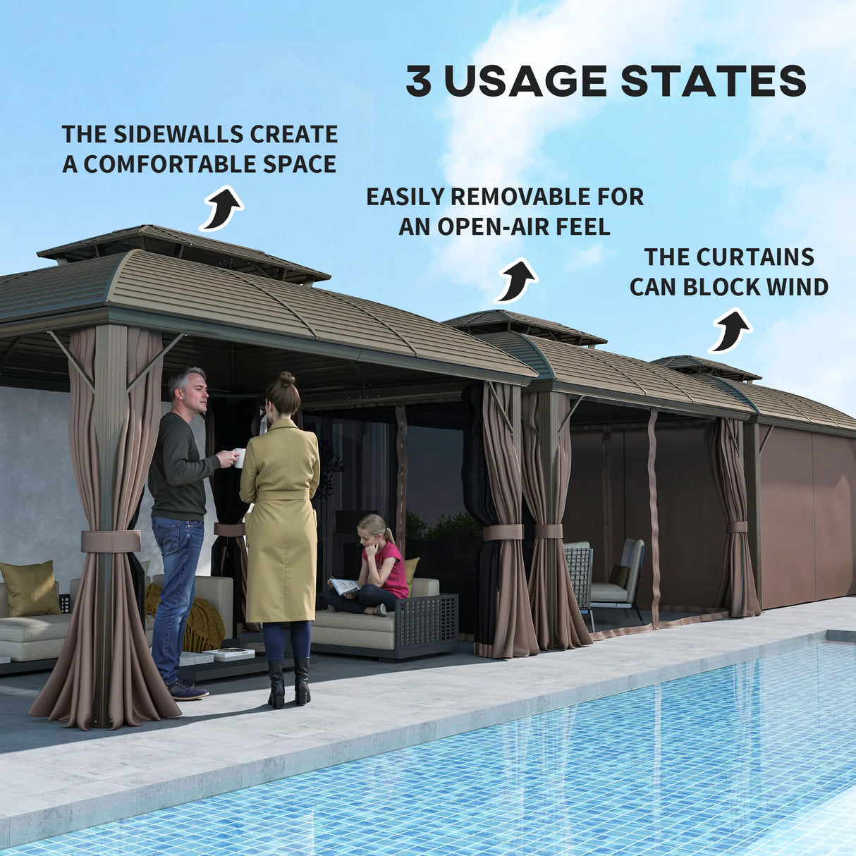 Outsunny 3.65 x 3(m) Hardtop Steel Gazebo Canopy with Aluminium Frame, Double Roof, Net Sidewalls and Curtains, Coffee