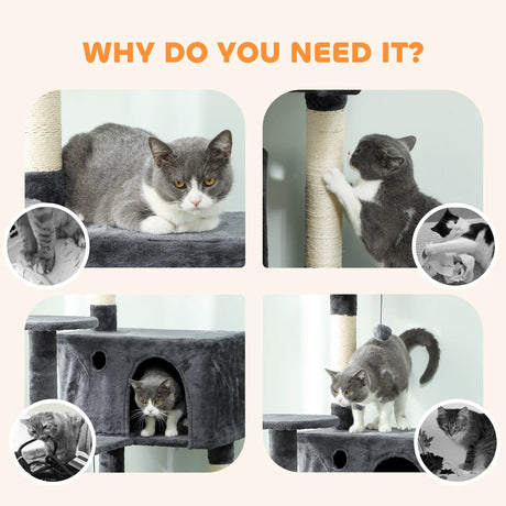 PawHut 180cm Large Cat Tree Tower with Sisal Scratching Posts, Condos, Plush Perches, Hammock, Ladder, Dark Grey
