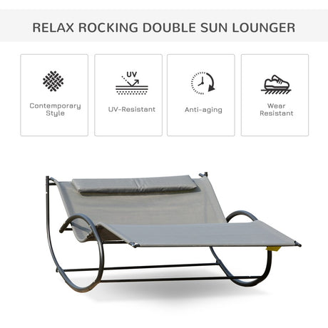 Outsunny Double Sun Lounger, Rocking Lounger Sunbed Daybed with Armrest and Headrest Pillow, for Two, For Outdoor Patio Garden, Grey