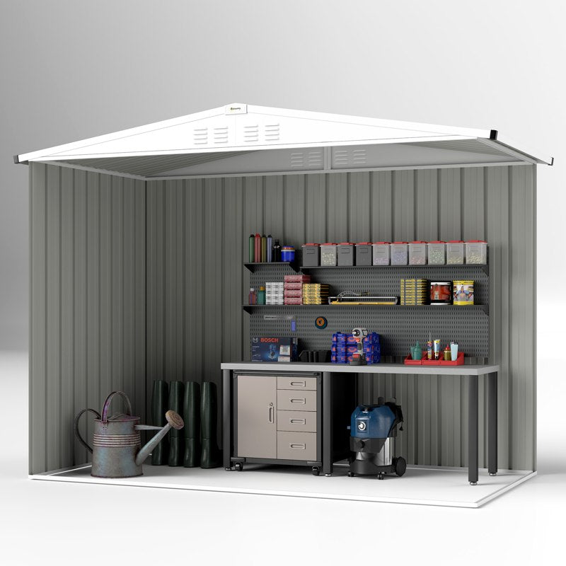 Outsunny 8 x 4 ft Metal Garden Shed, Garden Storage Shed with Window, 4 Vents and Lockable Door, Waterproof Galvanised Steel Tool Storage Shed, Light Grey