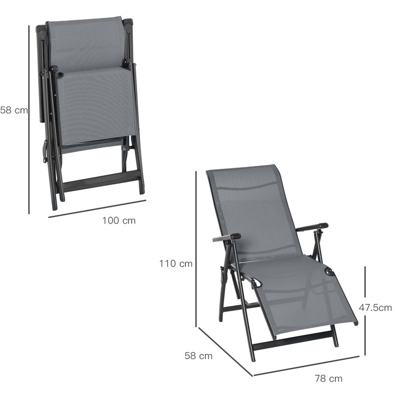 Outsunny Set of 2 Outdoor Sun Lounger 10-Position Adjustable Texteline Folding Reclining Chairs with Footrest for Patio Garden, Grey