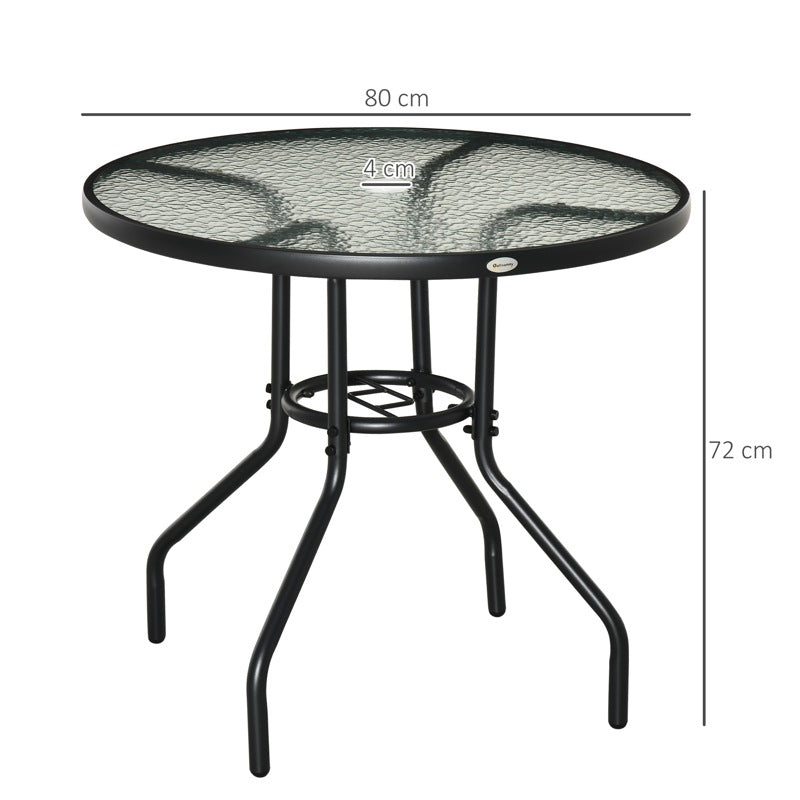 Outsunny Outdoor φ80cm Round Dining Table Tempered Glass Top Steel Frame Bistro Coffee End Side Table Garden w/ Parasol Hole