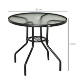 Outsunny Outdoor φ80cm Round Dining Table Tempered Glass Top Steel Frame Bistro Coffee End Side Table Garden w/ Parasol Hole