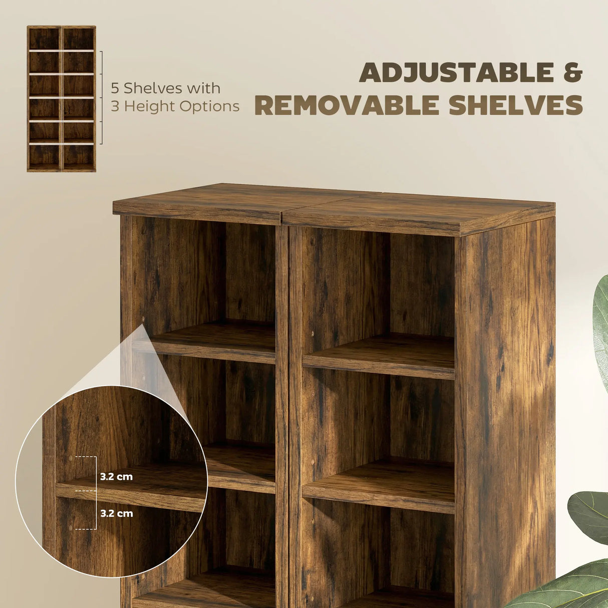 HOMCOM Set of 2 CD Media Display Shelf Unit Tower Rack with Adjustable Shelves, Rustic Brown