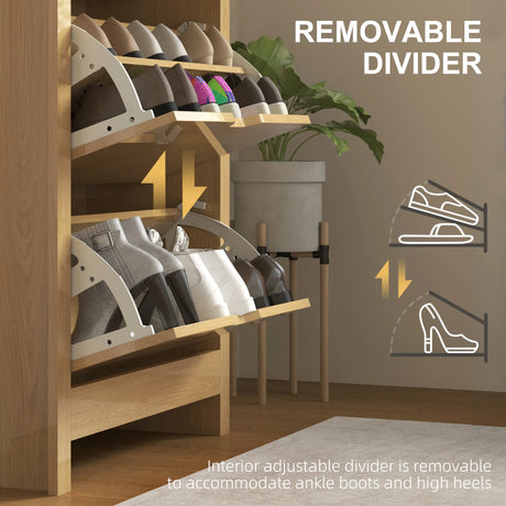 HOMCOM Slim Shoe Cabinet, Narrow Shoe Cupboard with 3 Drawers, Adjustable Shelves for 18 Pairs of Shoes, Natural Wood Finish