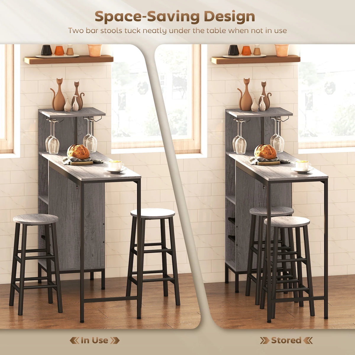HOMCOM 3 Pieces Dining Room Set, 2 Round Stools with Footrest, 6-Tier Dining Table with Storage Shelves, Natural