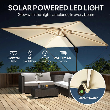Outsunny 3 x 3 m Garden Cantilever Parasol w/ Light, Cover, UPF50+ Patio Umbrella w/ Wind Protection, 360 Rotation, Cream White